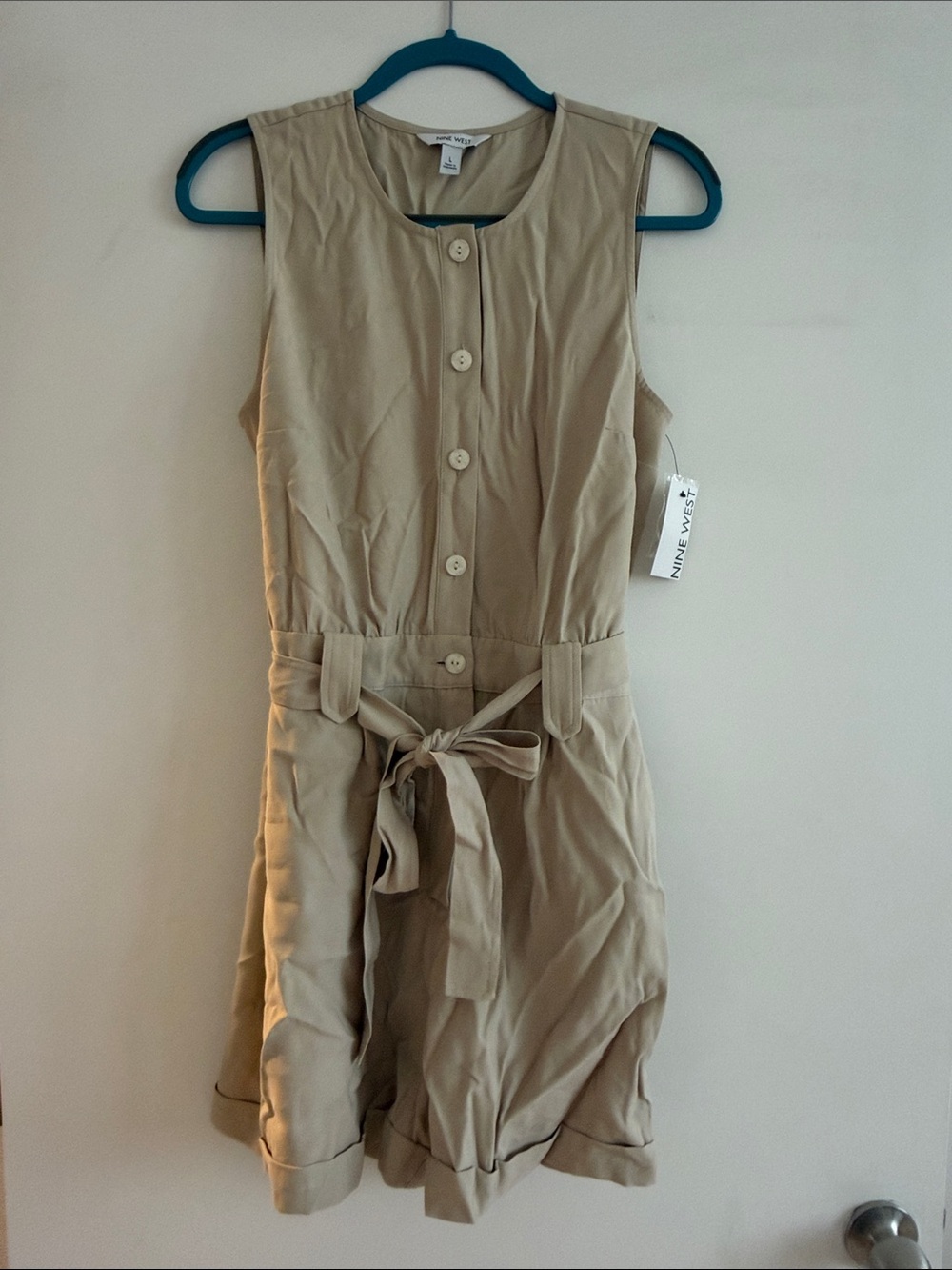 Nine West Sleeveless Beige Shorts Romper with Waist Tie and Pockets